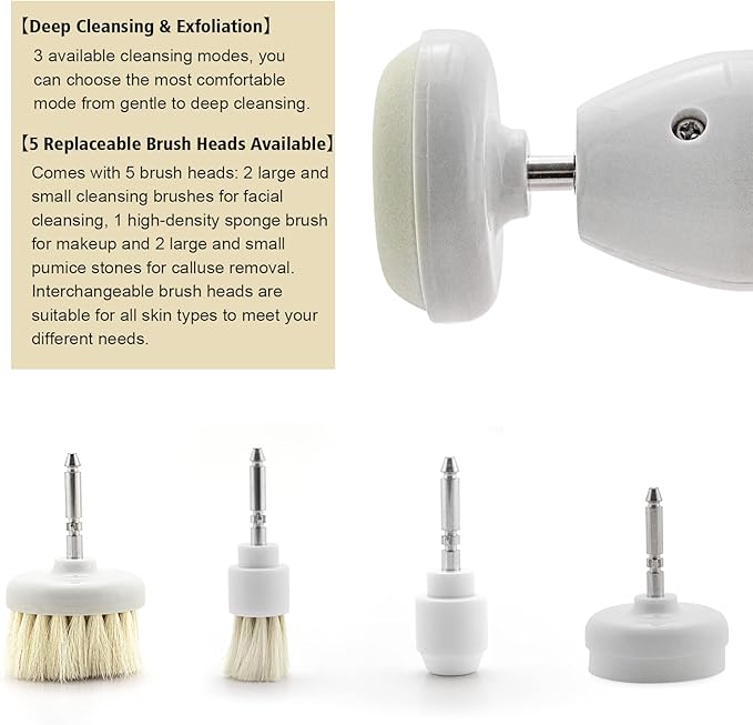 Elitzia 5-Piece Skin Care Brush Set for Electric Facial Cleansing Brush Pore Cleaning Exfoliating & Massage Attachments Wool Foam Rub Stone Facial Brush Gentle for All Skin Types