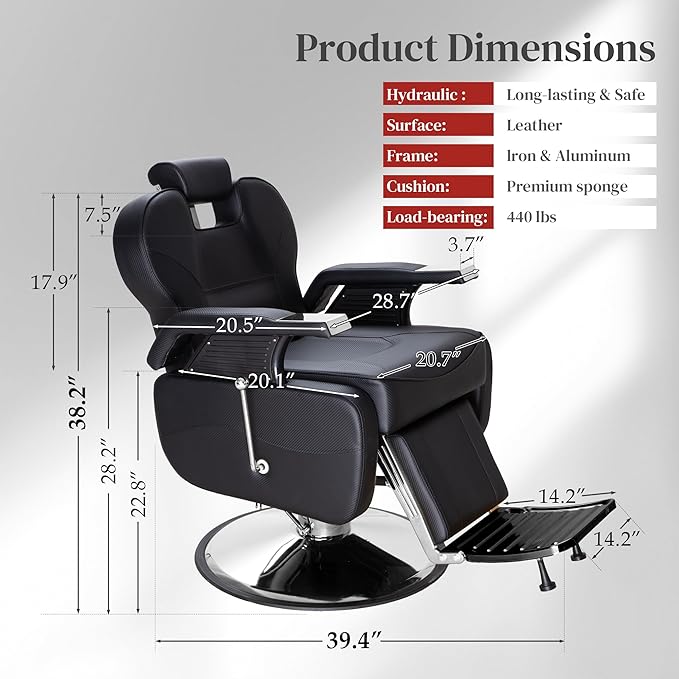 FHFO Barber Chairs for Barbershop, Heavy Duty Hydraulic Barber Chair 360° Swivel Reclining, Adjustable PU Leather Beauty Salon Chair for Barbershop Spa Black/Silver