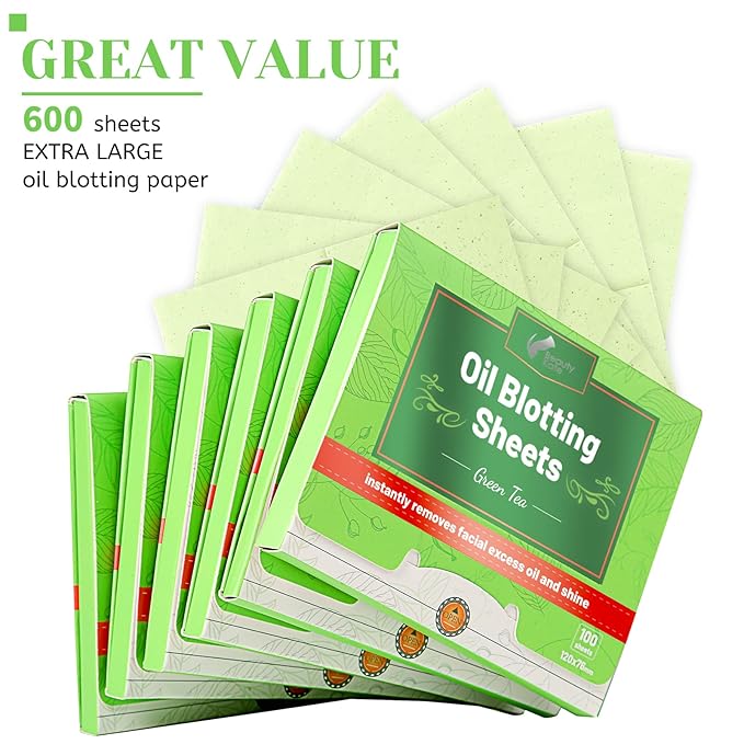 Oil Blotting Sheets for Face - Green Tea,26% Larger,6pk/600 Natural Blotting Paper for Oily Skin,Makeup Friendly Oil Absorbing Sheets,Easy To Grab One
