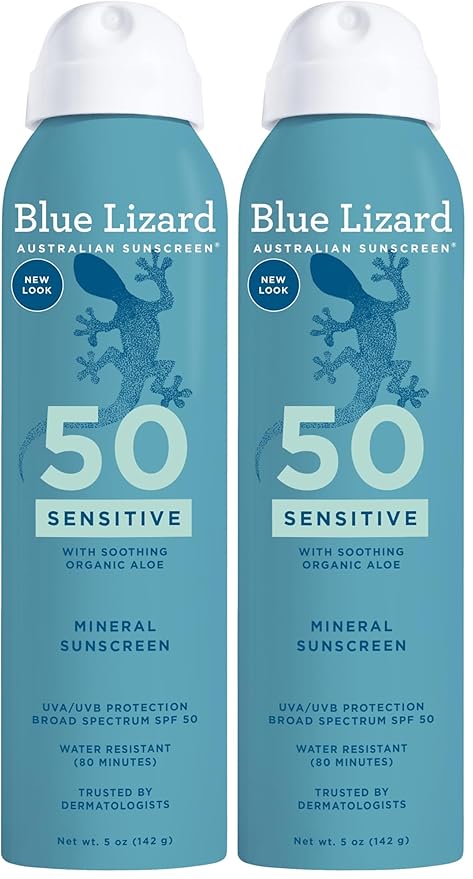 Blue Lizard Sensitive Mineral Sunscreen Spray SPF 50+, Dermatologist-Recommended Brand, Broad-Spectrum UVA/UVB Protection, Water-Resistant, Zinc Oxide Formula, 5 fl oz (Pack of 2)