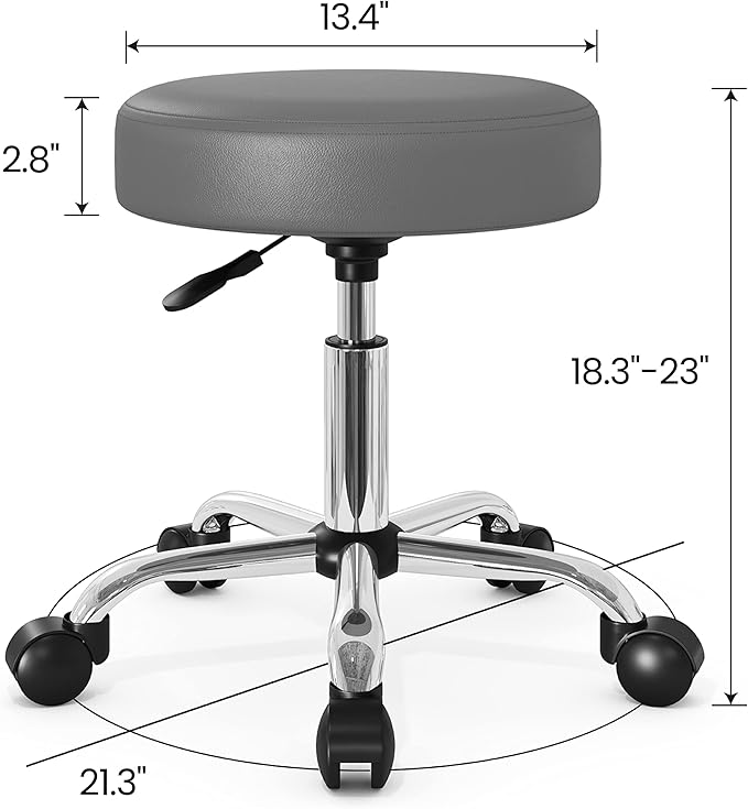 SHA CERLIN Rolling Stool with Wheels Swivel Shop Salon Chair Adjustable Drafting Massage Medical Tattoo Spa with PU Leather Cushioned, Grey
