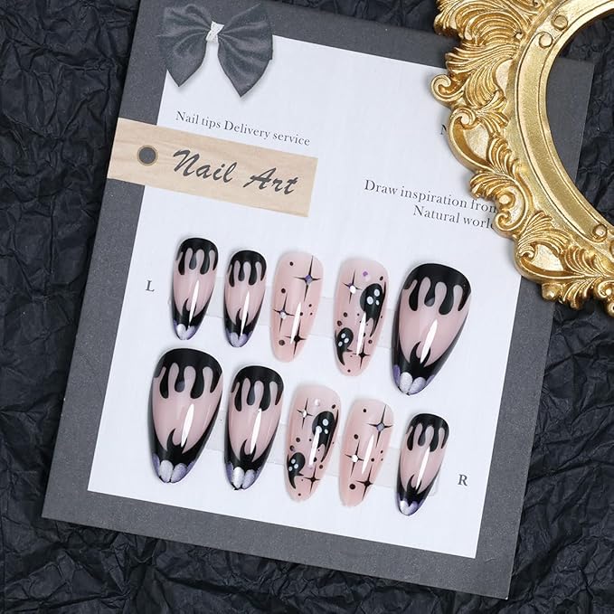 24Pcs Halloween Press on Nails Medium Almond French Tip Fake Nails Black Ghost with Bloody Drop Horror Designs Purple Glitter Full Cover Tips Glue on Nails Goth False Nails for Acrylic Manicure Salon
