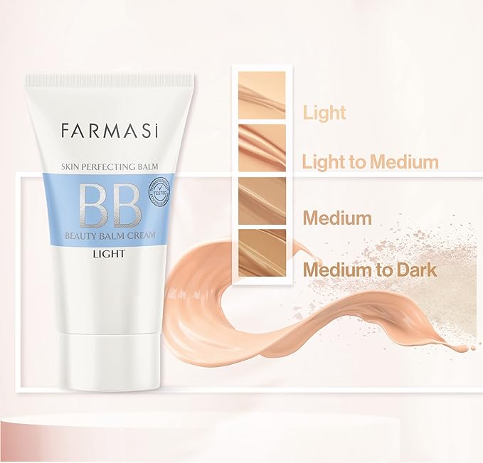 FARMASi Make Up BB Cream Beauty Balm, Full-Coverage Foundation, Concealer, Moisturizer BB Cream for All Skin Types, 1.7 fl. oz. / 50 ml (Light)
