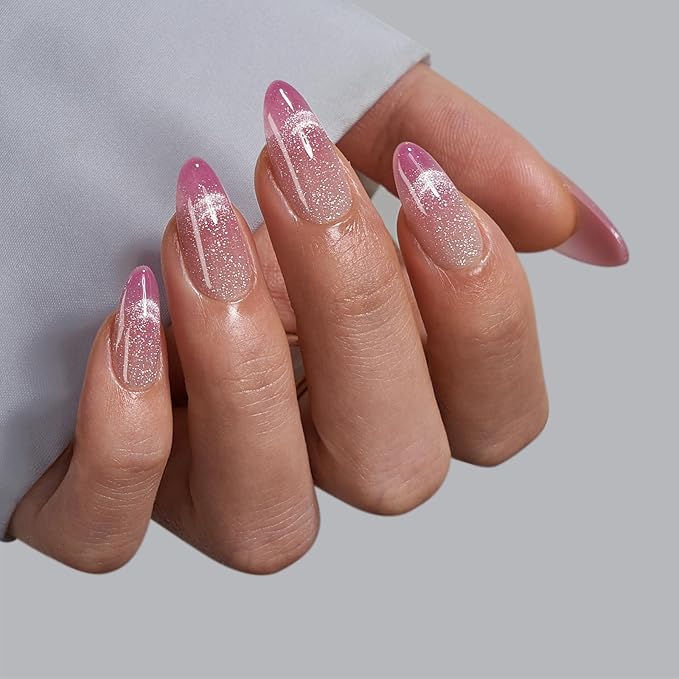 BTArtbox Almond Press On Nails Medium - Lamp-Curable Pink Cat Eye Press On Nails with Glue for Women, Semi-Transparent Soft Gel Glue On Nails in 15 Sizes - 30 Stick On Nails Kit, Rosy Dew