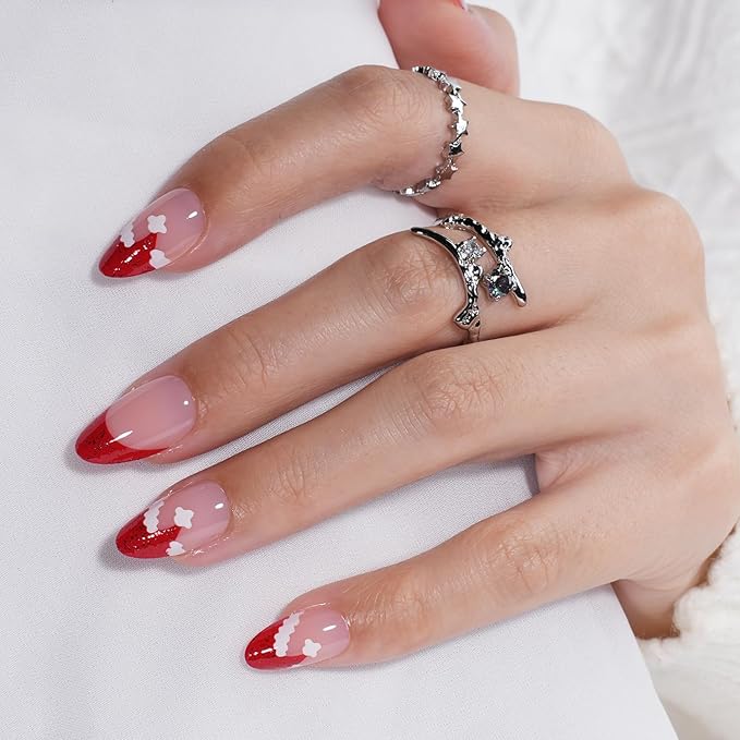 Christmas Press On Nails - Candycap Short Almond Fake Nails, Red French Tip Press On Nails Reusable Stick On Nails in 16 Sizes, 32pcs False Nail Kit for Women & Girls