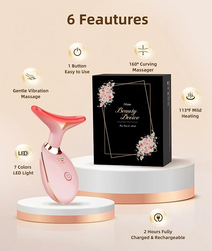 7 Color Face and Neck Massager Light Therapy, Red Light Based Facial Massager for Skin Care, Firming, Smoothing (Rose Golden)