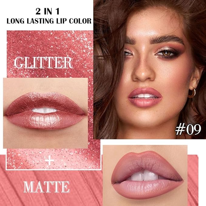 evpct Pine Red Metallic Glitter Lip Liner and Lipstick Combo Lip Gloss Stain Set Makeup for Women Long Lasting Waterproof 24, Warm Pink Metallic Shimmer Frosted Iridescent Shiny Liquid Lipstick 09