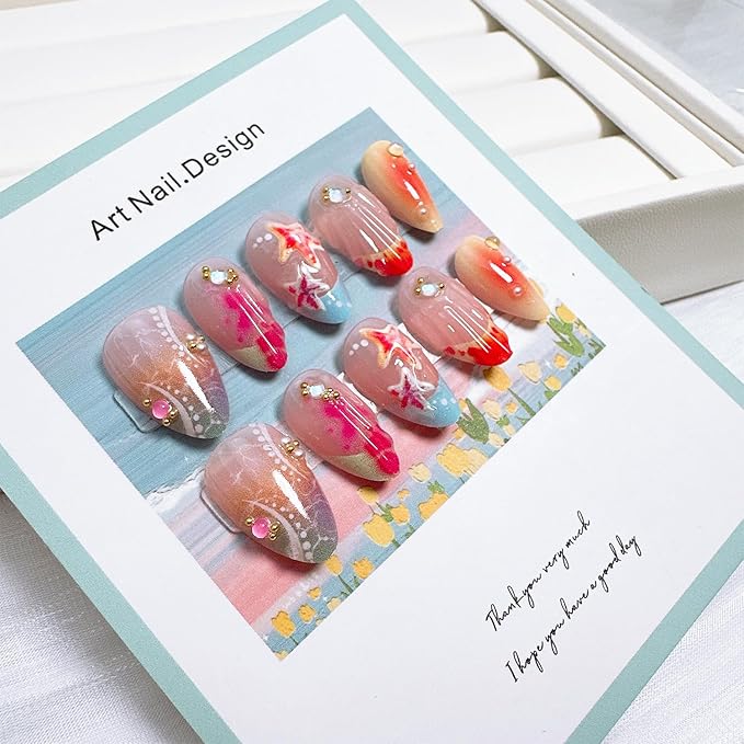 30pcs French Tip Press on Nails Medium Almond Fake Nails with 3D Starfish Shell Pearl Gold Beads Rhinestones Designs Summer False Nails Beach Acrylic Nails Kit Full Cover Stick on Nails for Women