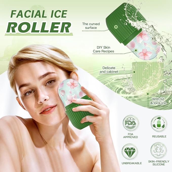 Ice Roller for Face and Eye, Facial Beauty Roller Skin Care Tools, Ice Facial Cube, Gua Sha Massage, Silicone Ice Mold for Face Beauty (Green)