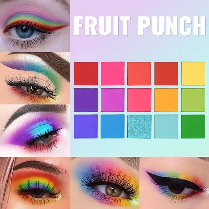 UCANBE Colorful Eyeshadow Palette Makeup Set, 2pcs 15 Shades Matte Shimmer Vibrant Neon Rainbow Pastel Eye Shadow Pallet with Soft Double Ended Brush, Summer Vibe Pigmented Blendable Eye Make Up Kit