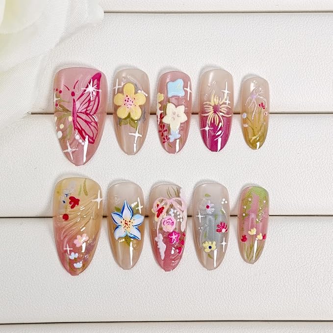 24Pcs Flower Press on Nails Medium Almond Fake Nails Colorful Flowers Bow Butterfly with Rhinestones Designs Full Cover Cute Stick on Nails Summer False Nails for Women Girls Artificial Acrylic Nails
