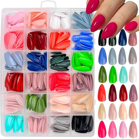 576pcs Almond Press on Nails Medium Fake Nails Solid Color Press on Nails Full Cover Short Nails Press ons Glossy Acrylic Artificial False Nail Tips for Women Girls Nail Art Manicure