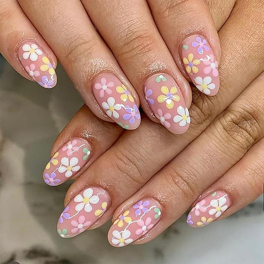 24Pcs Flower Press on Nails Short Fake Nails Colorful Daisy Glue on Nails Floral Acrylic Nails Almond Shape False Nails Spring Stick on Nails Cute Artificial Nails for Women Girls Wear Manicure Kit