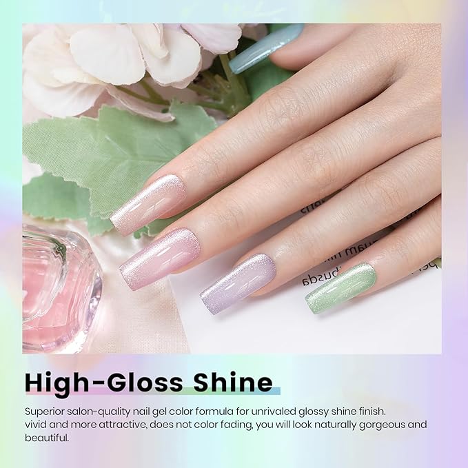 RARJSM Sparkle Diamond Cat Eye Gel Nail Polish Set 6 Colors Nude Pink Milky Jelly Purple Green Blue Silver Glitter Cateye Gel Polish with Magnet Stick UV LED Curing Requires Soak Off Home Salon Diy