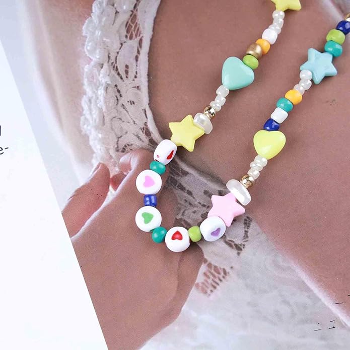 Vintage Seed Bead Choker Necklace Pearl Choker Necklace Colorful Star Heart Necklace Cute Rainbow Necklace Chain Jewelry for Women