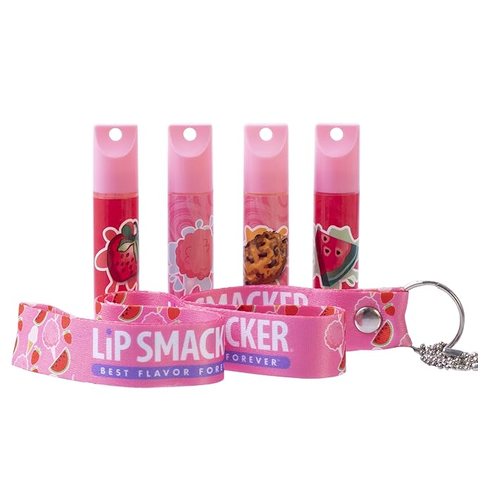 Lip Smacker Flavored Lip Balm & Pink Lanyard Set | Strawberry, Cotton Candy, Watermelon, Oatmeal Cookie Flavors | For Kids | Stocking Stuffer | Christmas Gift | Set of 4