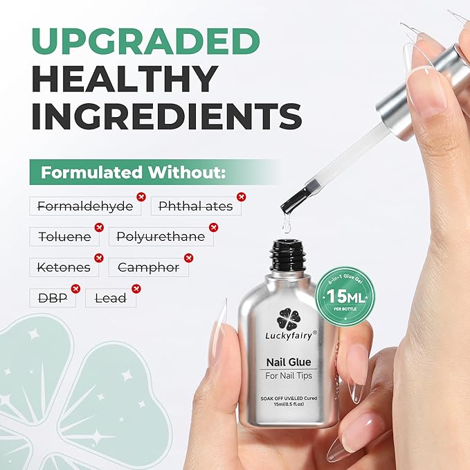 6 in 1 Gel Nail Glue Kit: Super Strong Nail Glue Gel 2Pcs 15ml for Press On Nails Clear Acrylic Nail Tips Long Lasting Art Gift Salon at Home U V Lamp Needed