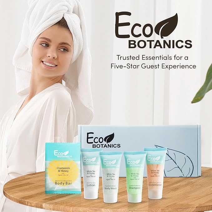 Eco Botanics Amenity Kit | Hotel Bulk Toiletries | 0.85 oz Shampoo, Conditioner, Lotion, Body Wash, Body Bar Soap for Guest Hospitality Vacation Rentals| 1 Set/Case