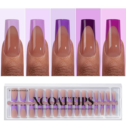 BTArtboxnails XCOATTIPS Purple French Tip Press On Nails - Long Press On Nails Square, Soft Gel Nail Tips, 150Pcs Soak Off Acrylic Brown Fake Nail Extension in 15 Sizes