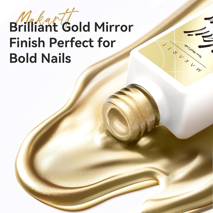 Makartt Metallic Gold Gel Liner Nail Polish: 3D Mirror Chrome Effect with Built in Thin Brush Soak Off UV/LED Gel for DIY Manicure Home and Salon Nail Art Designs 8ml