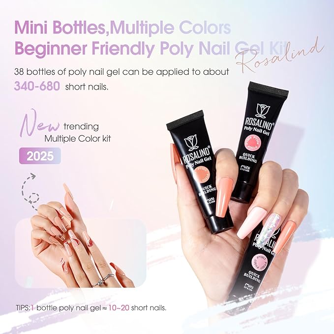 ROSALIND 38PCS Poly Nail Gel Kit with Mini Nail Lamp Glitter Brown Poly Extension Gels Kit Nude Pink Poly Gels Set
