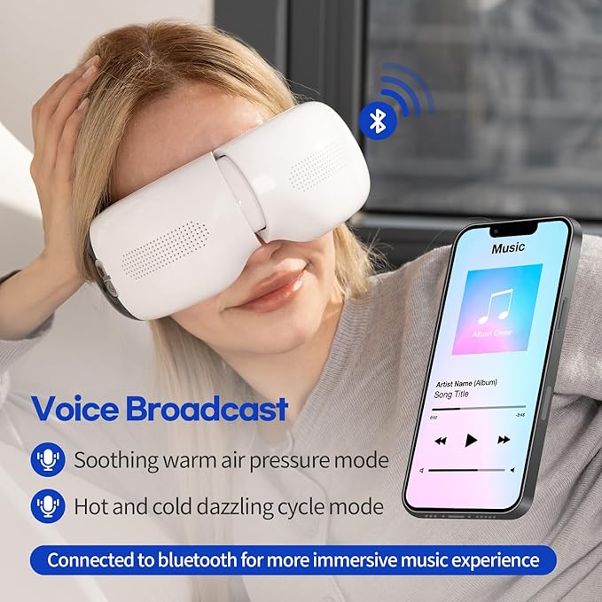 HuBDIC HubiCare Eye Massager with Heat & Built-in Cooling System, Smart Bluetooth Air Compression Eye Mask, Migraine Relief, Dry Eyes, Relaxation and Reduce Eye Strain, Gifts for Women/Men (White)