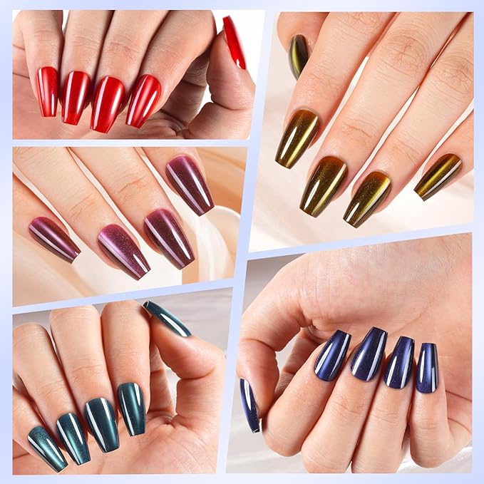 Misssix Cat Eye Press On Nails, 150Pcs Coffin Cat Eye Nail Tips, Glossy Glitter Soft Gel Stick On Nails, Reusable Fake Nails for Nail Art DIY 15 Sizes