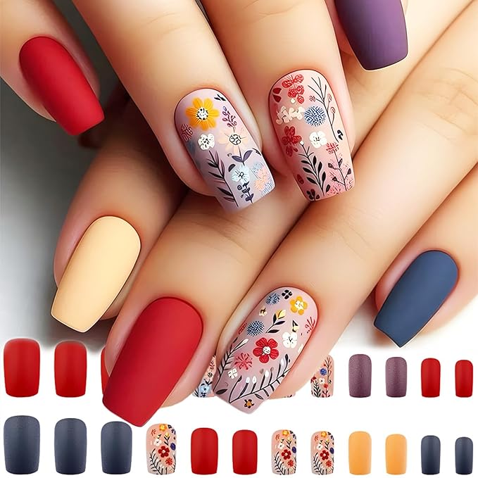 24Pcs Black Leaves Fake Nails Spring Flower Press on Nails Matte Red Flowers Stick on Nails Medium Square Acrylic False Nails Butterfly Gel Glue on Nails for Coquette Women Girls