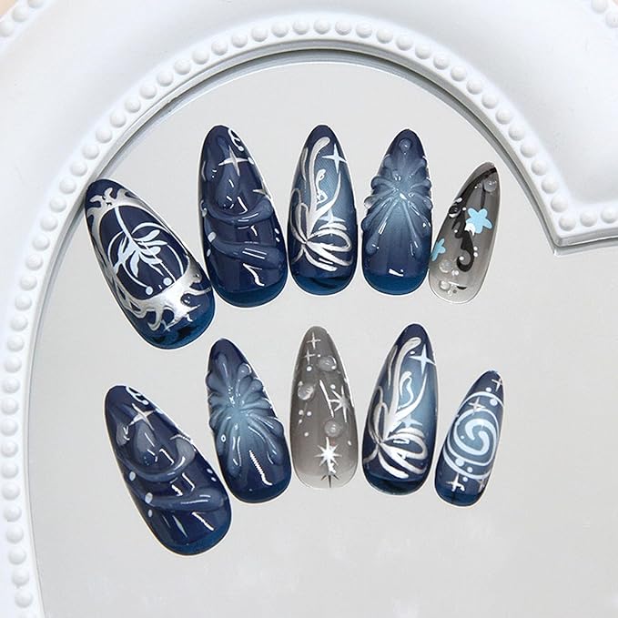 24Pcs Dark Press on Nails Almond Fake Nails Gradient Blue 3D Water Ripple Press on Tips Bow Decor Y2k Style False Nails Medium Silver Star Full Cover Artificial Nails Cute Stick on Nail Acrylic