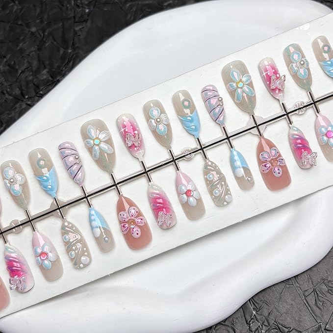 30Pcs Flower Press on Nails Medium Almond Handmade Fake Nails with Crystal 3D Butterfly Flowers Pearl Design French Nails Cute Stick on Nails Full Cover Artificial Glue on Nails for Women