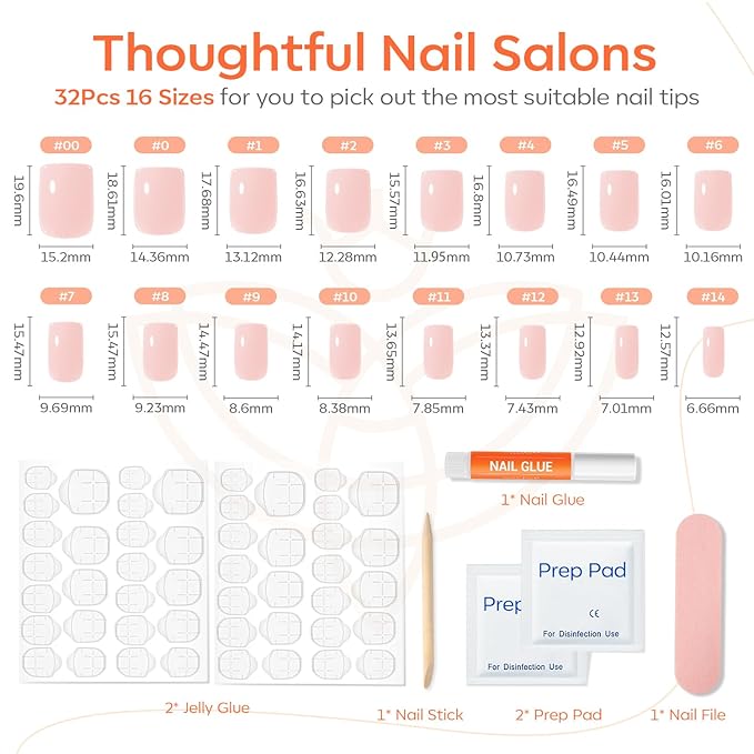 Modelones Pink Press on Nails, Christmas Short Square Fake Nails, Reusable Nail Kit with Nail Glue Adhesive Tabs Mini Nail File, Nails Press Ons 32Pcs 16Sizes, Women Girl Gift