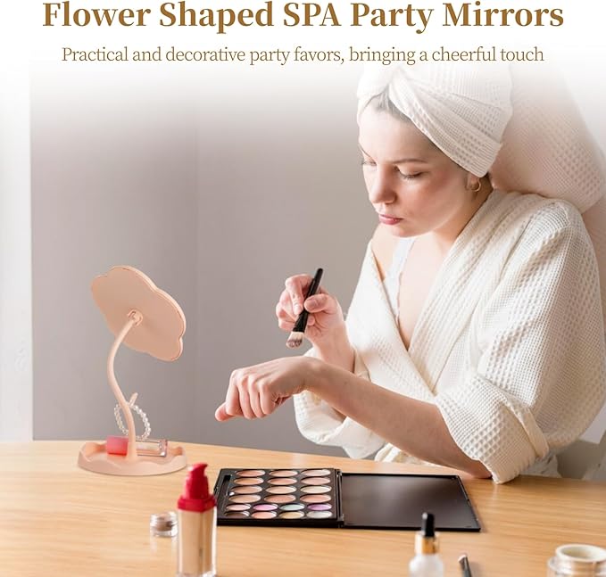 Homaisson 8 PCS Flower Shaped Spa Party Mirrors, Sunflower Makeup Mirror with Jewelry Hanger & Cosmetic Tray, Curved Stand Mirror Sleepover Party Favors