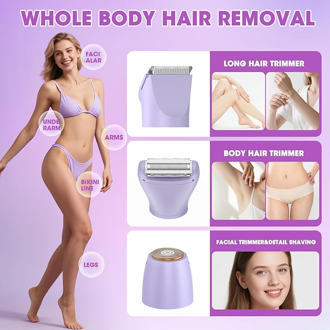 Bikini Trimmer Electric Razors for Women,3 in 1 Body Hair Removal Kit for Face,Pubic,Arm, Leg, Armpit, Bikini Trimmer,Painless IPX6 Waterproof Rechargeable Portable Lady Shavers Wet & Dry Gifts