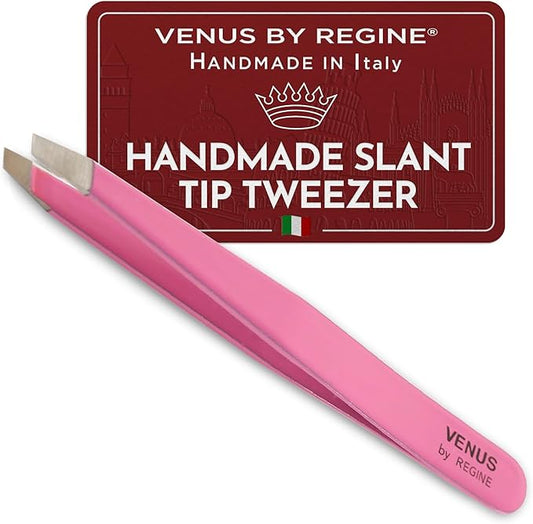 Venus by Regine Slant Tweezers - Handmade Precision Tool for Women & Men, 25-Degree Angle for Shaping Eyebrows & Grooming Facial Contours, Suitable for Eyebrow & Facial Hair Removal (Pink)