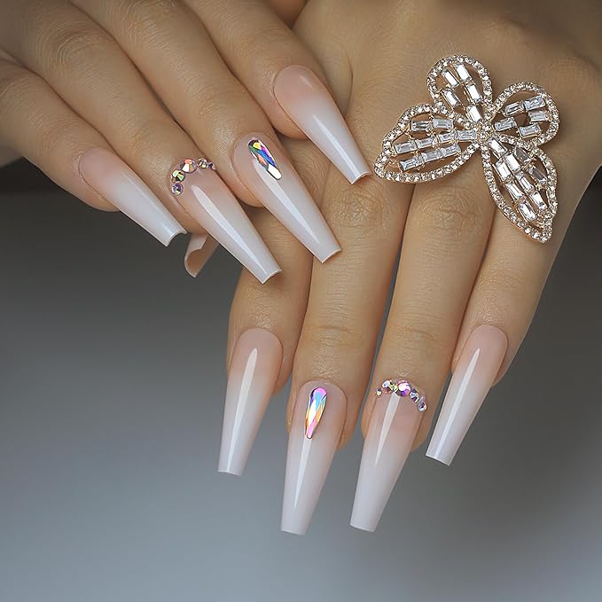 Yivaiks 24 Pcs Pink Press on Nail Long Coffin Fake False Nails with Rhinestones Design Ballerina Glue on Nails Glossy Acrylic Press ons Coffin Nails Artificial Stick on Nails for Women