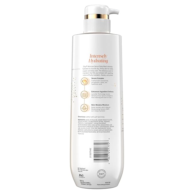 Olay Body Wash for Women, Intensely Hydrating, Pro-Hyaluronic Acid Serum Complex, Renews Moisture, Vitamin B3 Lameller Technology, For All Skin Types, Mandarin Summer Fizz Scent, 20 fl oz