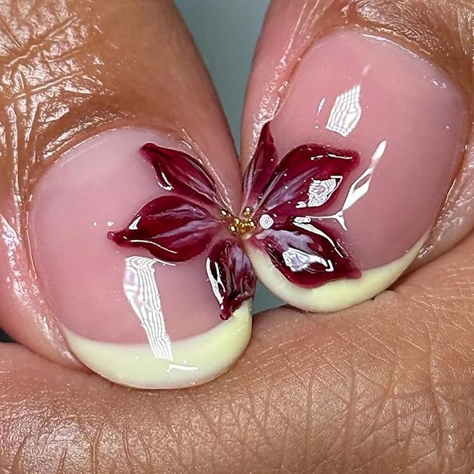 Short Almond Press on Nails French Tip Fake Nails with Wine Red Floral Hand Painted Design Stick on Nail for Women 24pcs