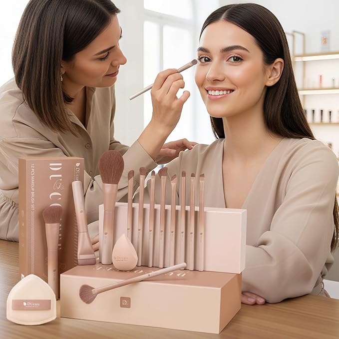 DUcare Christmas Makeup Brushes Set 12Pcs Coffee Series Makeup Brush set with Makeup Sponges Foundation Blending Face Powder Blush Eye Shadows Brushes