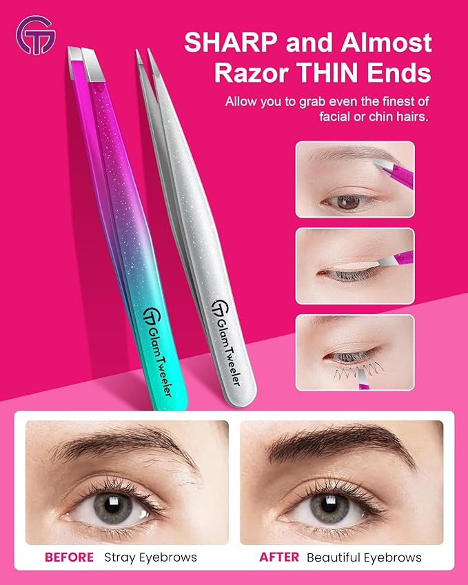 Expert Slant and Point Tip Tweezer Set with Exclusive Travel Case, GlamTweeler Sharp & Precision Tweezer Set for Eyebrows, Facial Hairs & Fine Hairs Removal (Sparkle Purple & Turquoise + Silver)