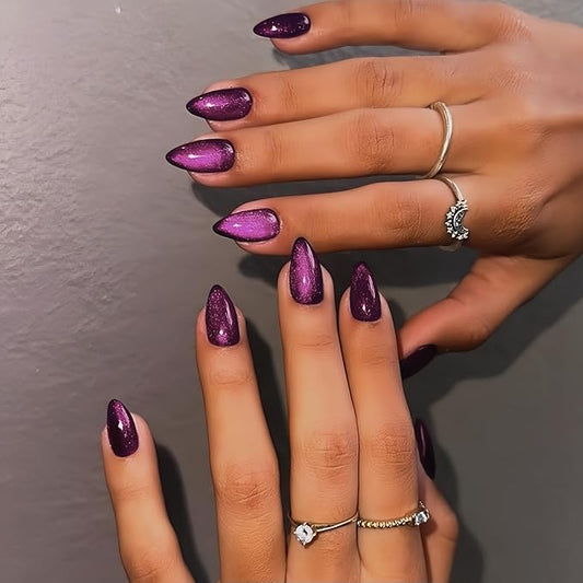 KQueenest Press On Nails Short - Purple to Black Press On Nails Almond Shape, Glitter Cat Eye Fake Nails with Nail Glue, Reusable Cute Dark Gel Glue On Nails with Color-Shifting Glow, 30 Pcs