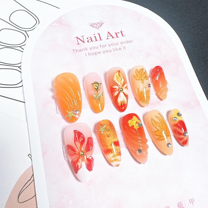 30 Pcs Fall Press on Nails Medium Almond Fake Nails with 3D Flower Gold Rose Rhinestones Design Gold Maple Leaf False Nails White French Tip Acrylic Nails Autumn Thanksgiving Stick on Nail for Women