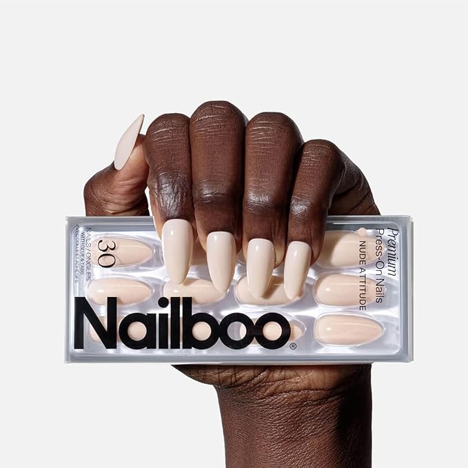 Nailboo Press On Nails, Salon-Quality Reusable Fake Nails for Fast DIY Manicure with Strong Hold Nail Glue for Press Ons, Nail File, & Alcohol Prep Pads, Nude Attitude