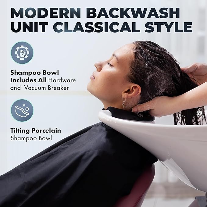 Buy-Rite Chelsea Backwash Unit – Tilting White Porcelain Shampoo Bowl, Gray Tufted Vinyl Chair, Brass Nailhead Trim, Removable Seat Cushion, European Faucet