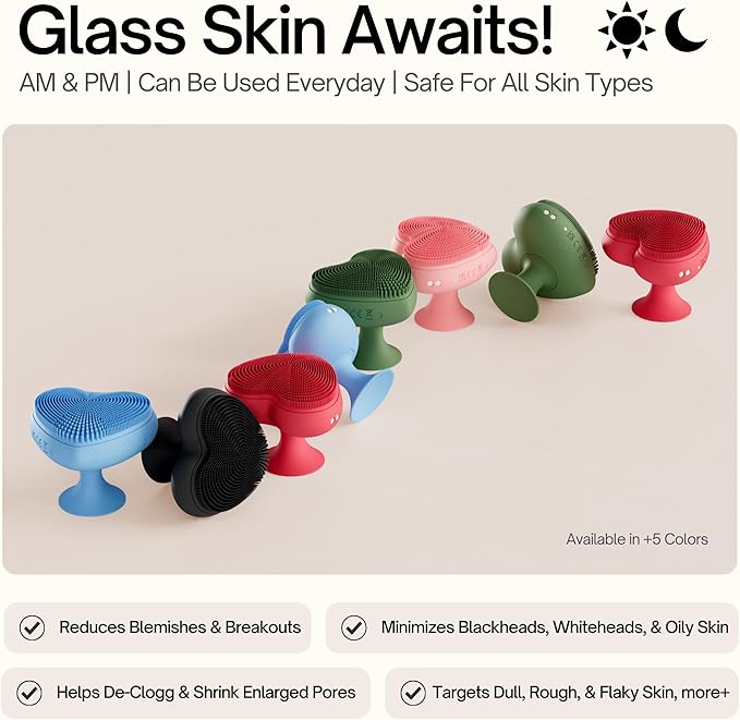 Heart Face Clean Pro⁺ Electric Facial Cleansing Brush - Silicone Facial Scrubber for Acne - IPX7 Waterproof, Rechargeable Exfoliator with Slip-Free Grip & 3 Speed Settings - Phthalate-Free - Rose