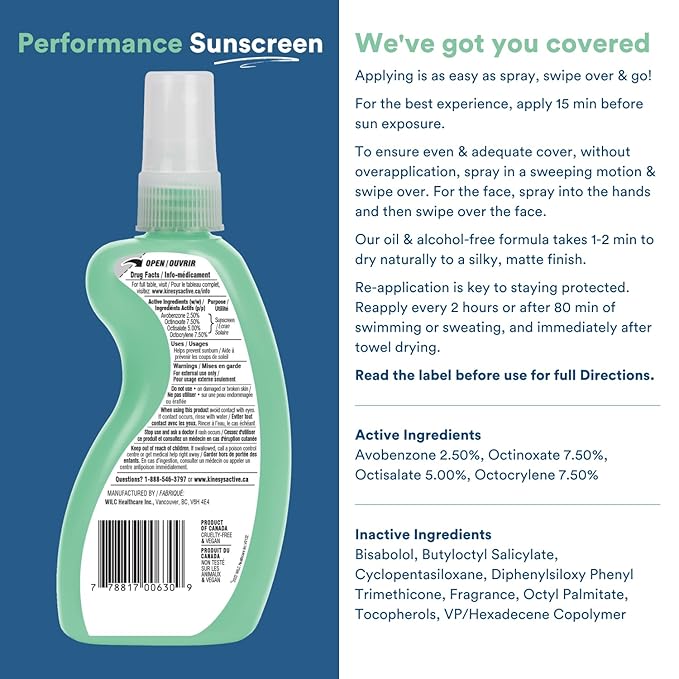 KINeSYS Performance Sunscreen Vanilla-Green Tea Scented Clear Spray Sunscreen, SPF 30, Hypoallergenic, Broad Spectrum UVA/UVB protection for Face & Body; Vegan, 700+ Sprays, 4 Fl Oz/120 mL