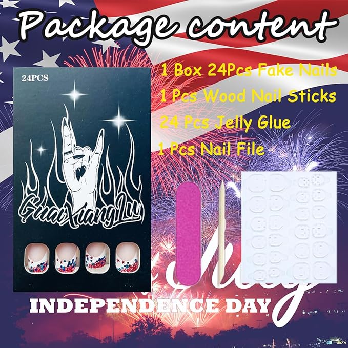 24Pcs 4th of July Nails French Tip Press on Nails with Designs Short Square Fake Nails Red White Glitter Nail Tips Acrylic Stick on Nails Full Cover Glue on Nails for Women Holiday Manicure Decoration