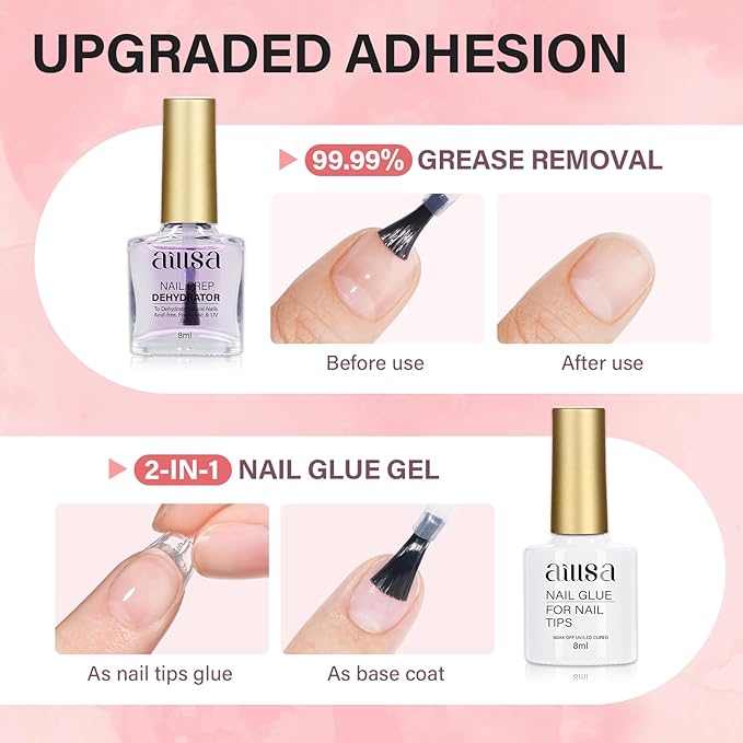 AILLSA Gel Nail Kit Short Almond Nail Tips 240pcs with 2 In 1 Nail Glue Base Coat and Nail Dehydrator, Gel Full Nail Kit with Nail Lamp Top Coat for Starters Home Salon Valentine's Day