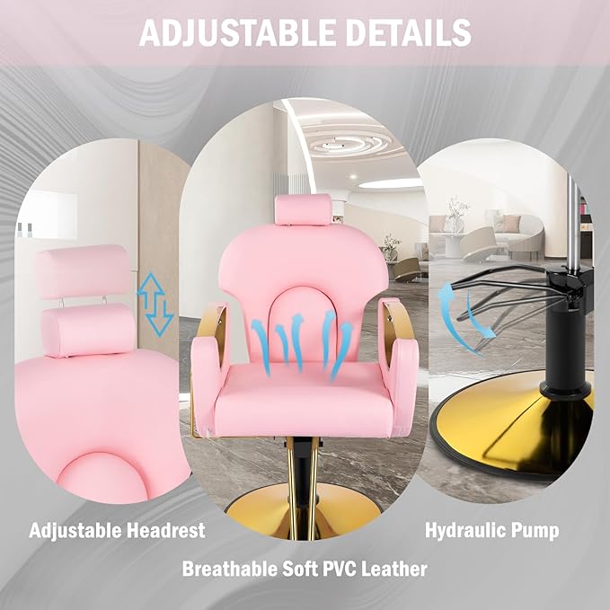 Pink Salon Barber Chair, Reclining Salon Hair Chair for Hair Stylist with Heavy Duty Pump, 360° Swivel Multi-Function Braiding Hairdresser Chair for Barbershop Home, Max to 440lbs
