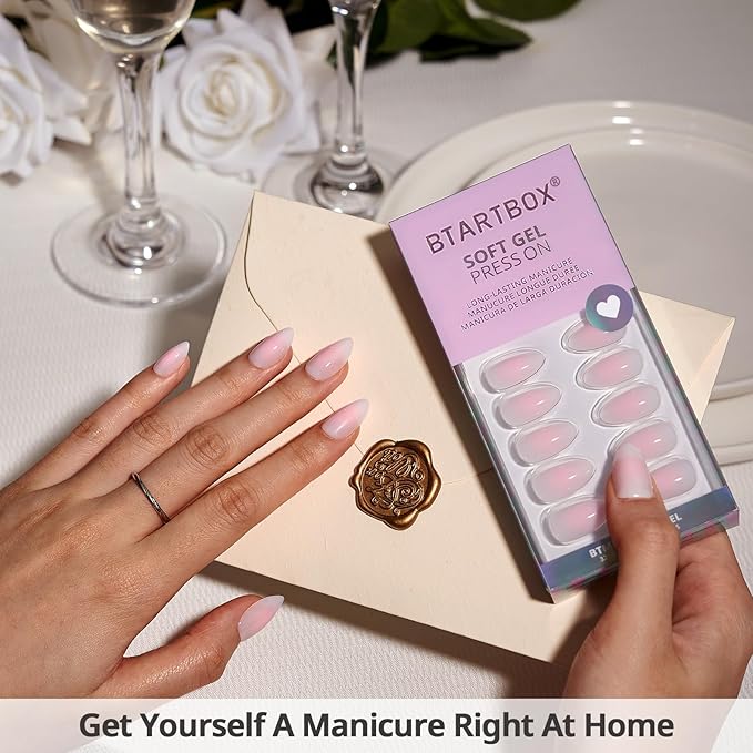 BTArtbox Press On Nails Short - Pink Ombre Almond Press On Nails with Glue for Women, Opaque Soft Gel Glue On Nails in 16 Sizes - 32 Stick On Nails Kit, Love Letter
