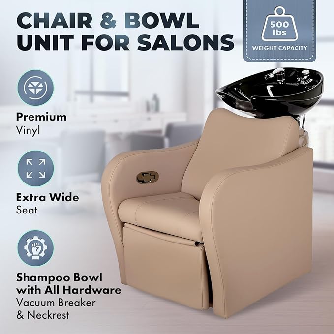 Buy-Rite Lexus Backwash Unit with Tilting Black Porcelain Shampoo Bowl, Extra Wide Foam Padded Seat, Kick-Out Leg Rest & European Style Single Handle Faucet - Sand Salon Shampoo Chair, TS-8018B